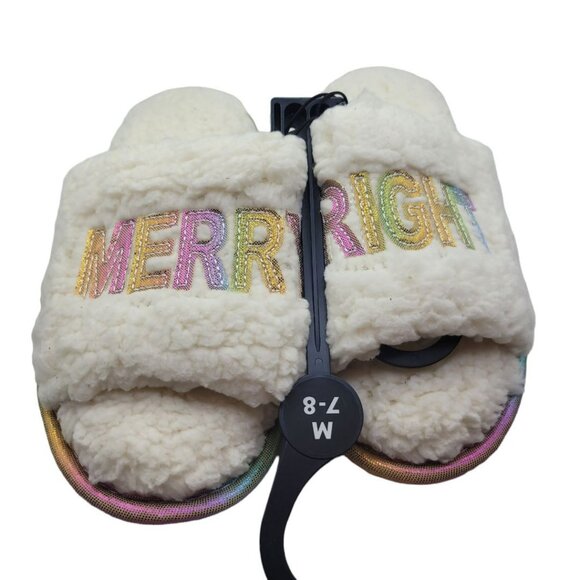 Slippers Merry Bright Sherpa Memory Foam Pink Rainbow Womens M 7 8 New Slide - Picture 1 of 8
